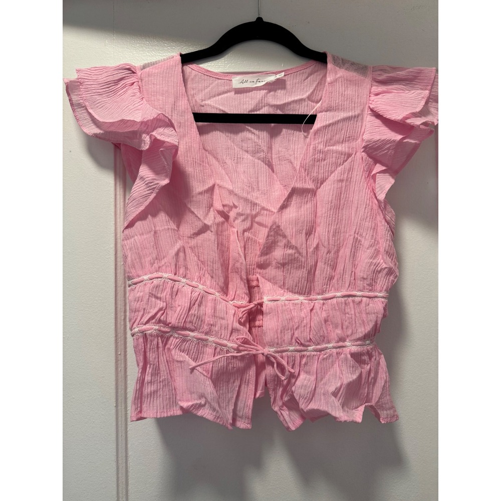 All in Favor Pink Ruffle Sleeve Tie Front Peplum Gauze‎ Blouse Womens Small